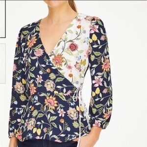 Loft women’s wrap multi color floral blouse boho long sleeve size‎ Small